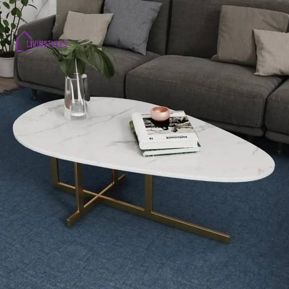 Atlanta Modern White Coffee Table With Marble Top In Stainless Steel Pvd Coated Tables