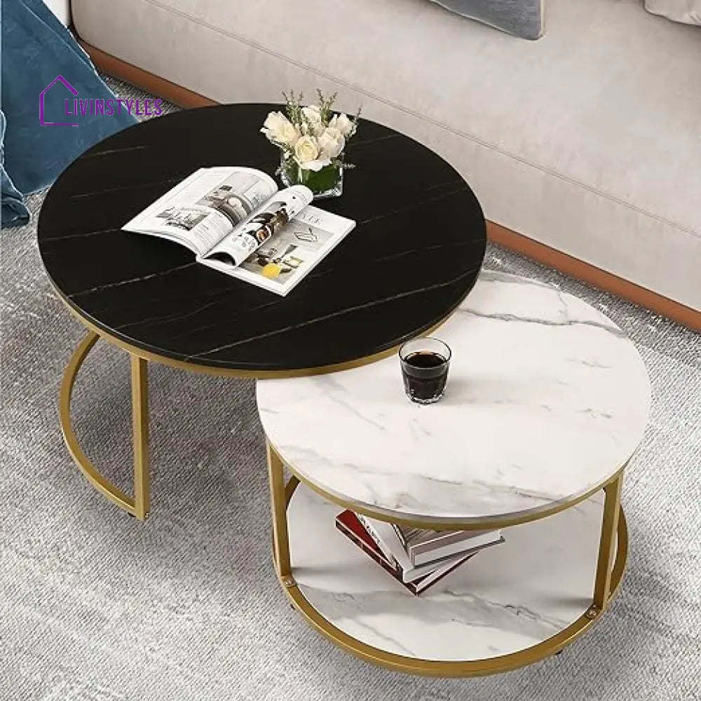 Aurora Round Marble And Metal Coffee Table Set Tables