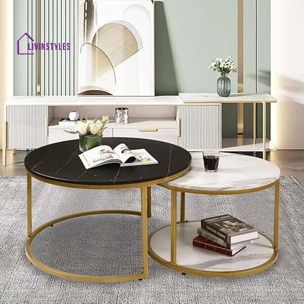 Aurora Round Marble And Metal Coffee Table Set Tables