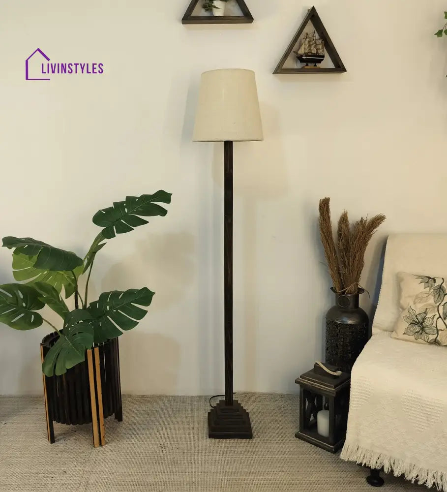 Babel Wooden Floor Lamp With Brown Base And Beige Fabric Lampshade Lamps