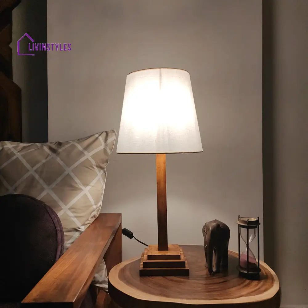 Babel Wooden Table Lamp With Brown Base And White Fabric Lampshade Lamps