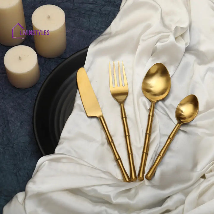 Bamboo Elegance Gold Cutlery (Set Of 16) 4Knife 4Fork 4 Rise Spoon Dessert