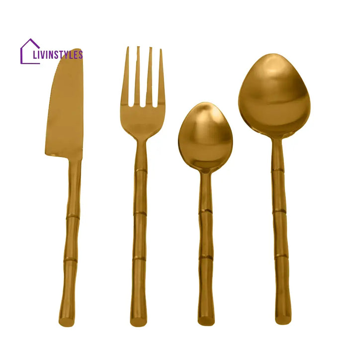 Bamboo Elegance Gold Cutlery (Set Of 16) 4Knife 4Fork 4 Rise Spoon Dessert