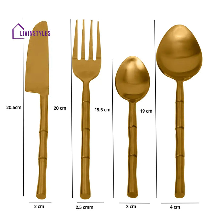 Bamboo Elegance Gold Cutlery (Set Of 16) 4Knife 4Fork 4 Rise Spoon Dessert