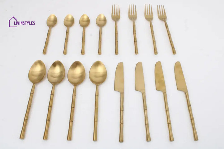 Bamboo Elegance Gold Cutlery (Set Of 16) 4Knife 4Fork 4 Rise Spoon Dessert