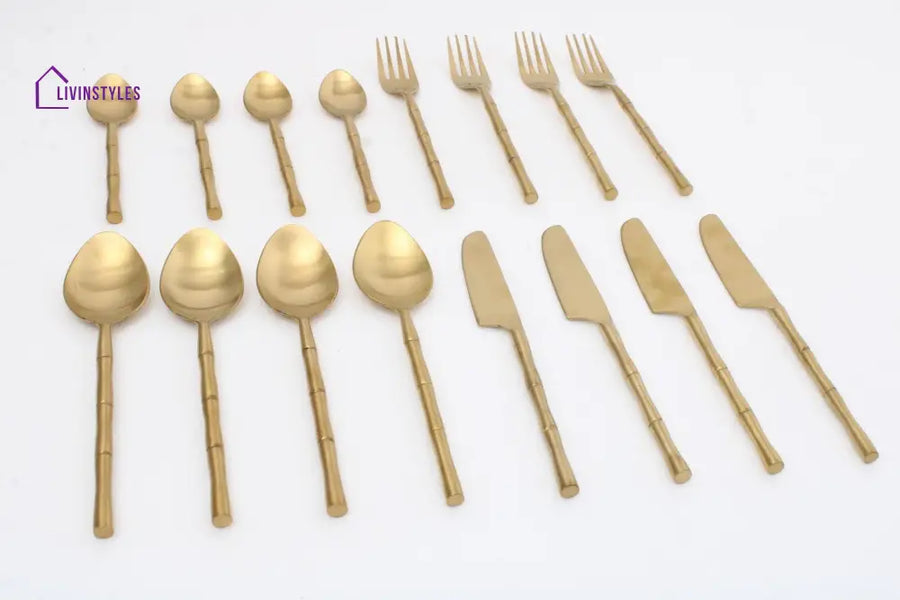 Bamboo Elegance Gold Cutlery (Set Of 16) 4Knife 4Fork 4 Rise Spoon Dessert