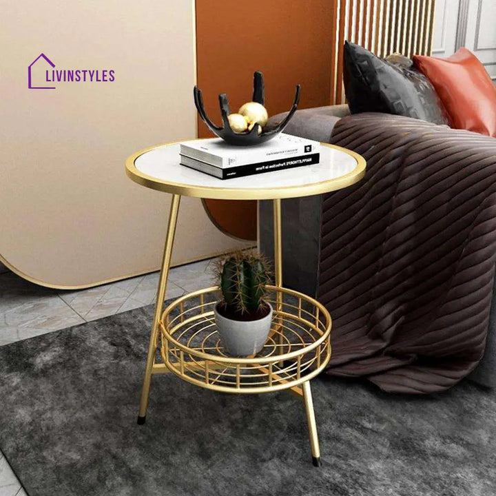 Basket Round Side Table - Marble Top End Tables