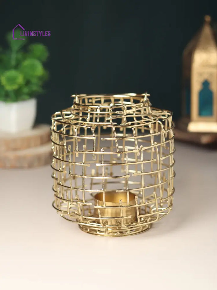 Basketweave Gold Tea Light Holder Table Lighte