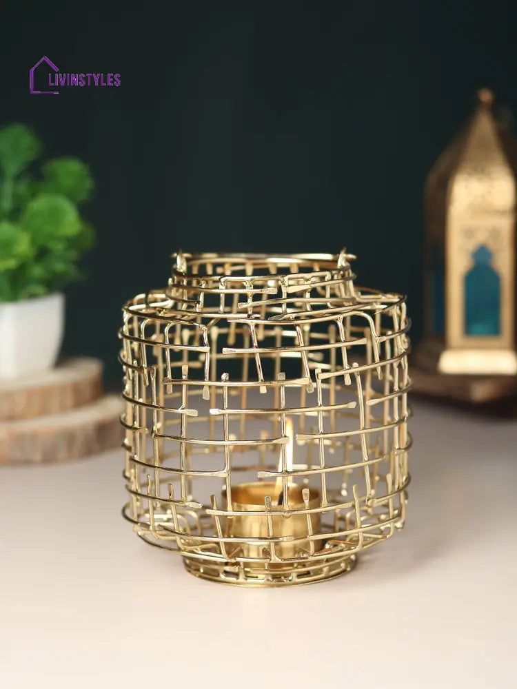 Basketweave Gold Tea Light Holder Table Lighte