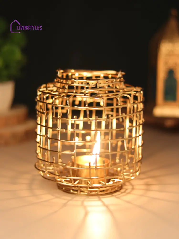 Basketweave Gold Tea Light Holder Table Lighte