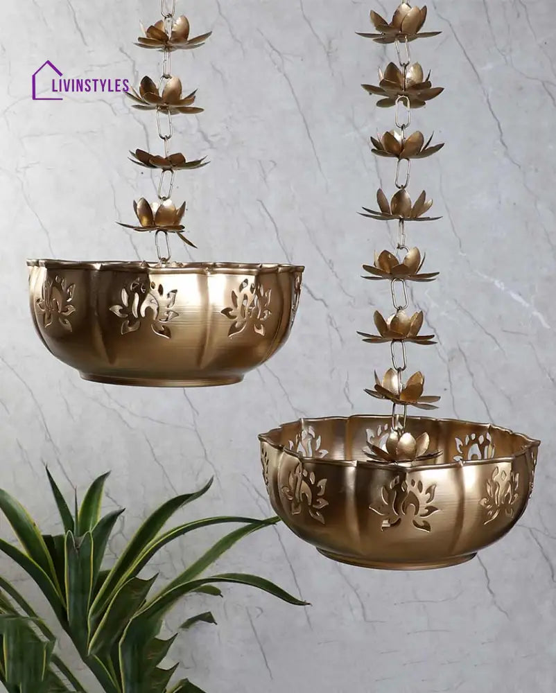 Beautiful Hanging Big Iron Lotus Urli | Gold Set Of 2