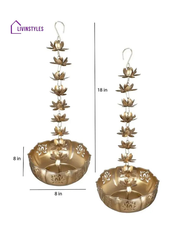 Beautiful Hanging Big Iron Lotus Urli | Gold Set Of 2