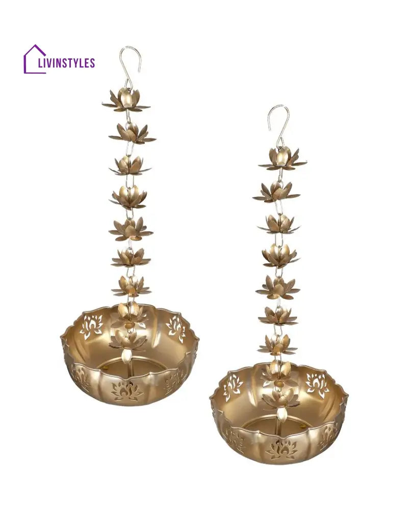 Beautiful Hanging Big Iron Lotus Urli | Gold Set Of 2