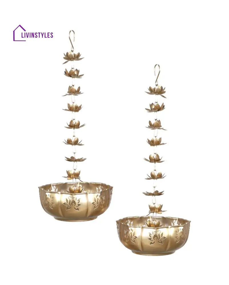 Beautiful Hanging Big Iron Lotus Urli | Gold Set Of 2