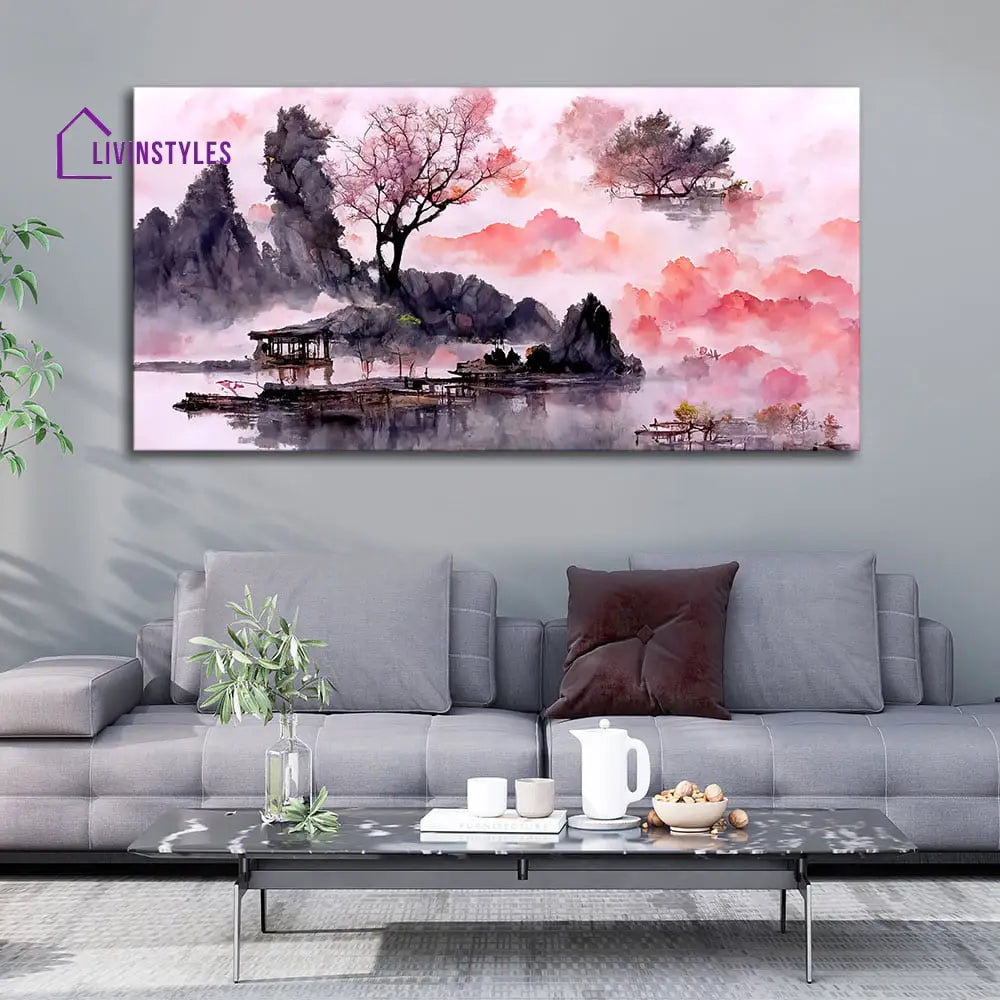 Beautiful Lake View Watercolor Art Canvas Wall Painting Only Printed (No Frame Included)