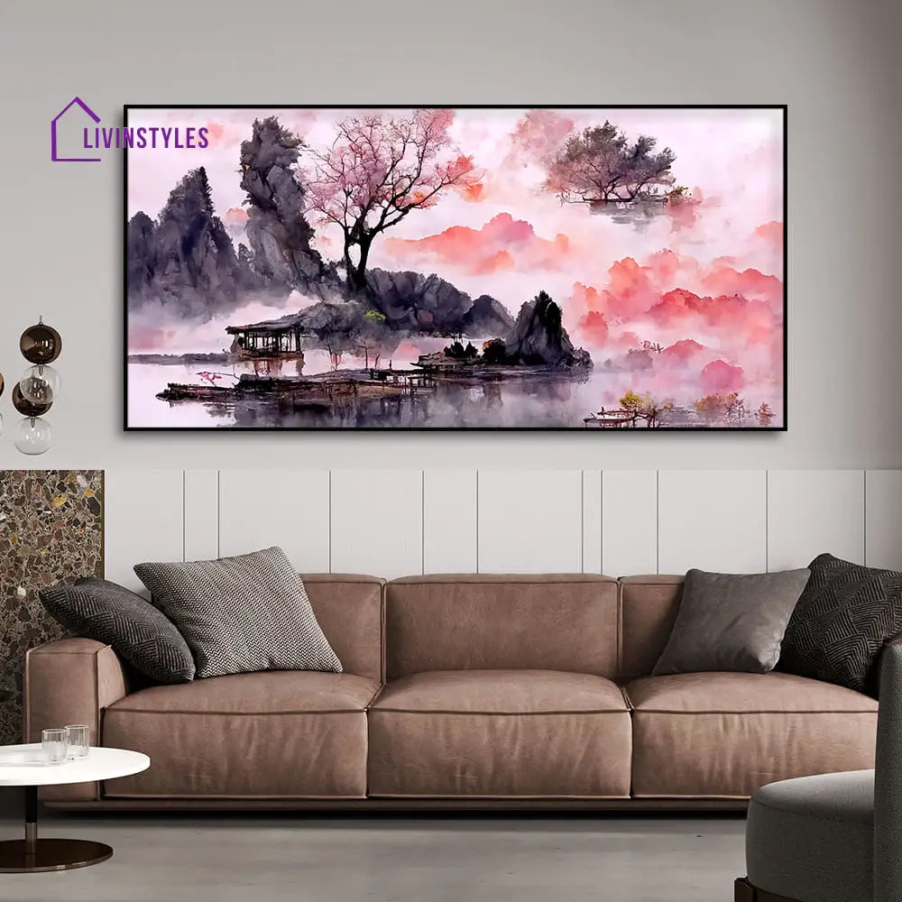 Beautiful Lake View Watercolor Art Canvas Wall Painting With Floating Frame