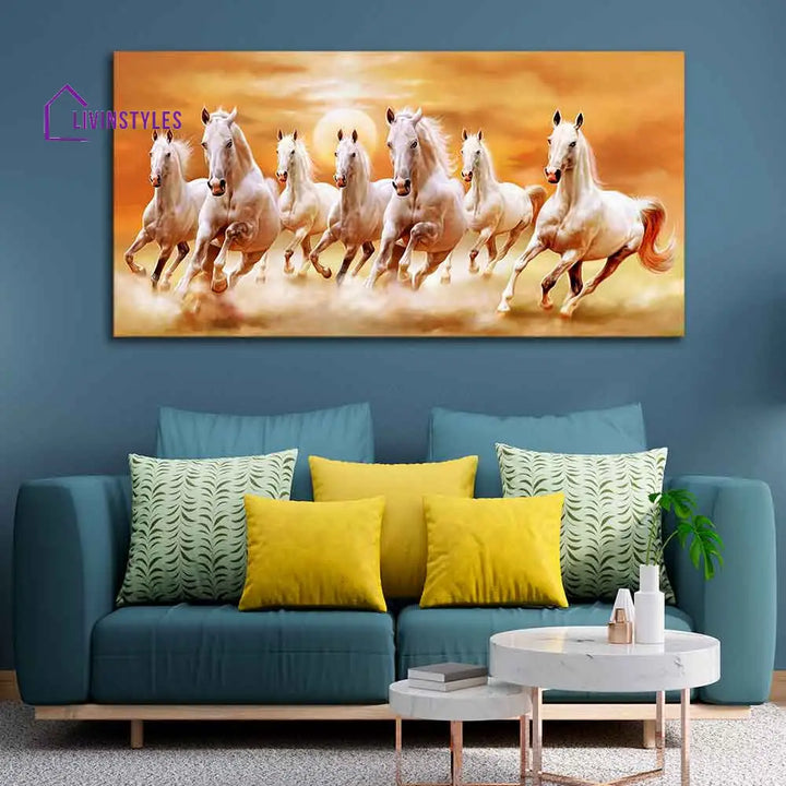 Beautiful Seven Running Horses Canvas Big Wall Painting Ready To Hang (Fitted With Wood Frame)