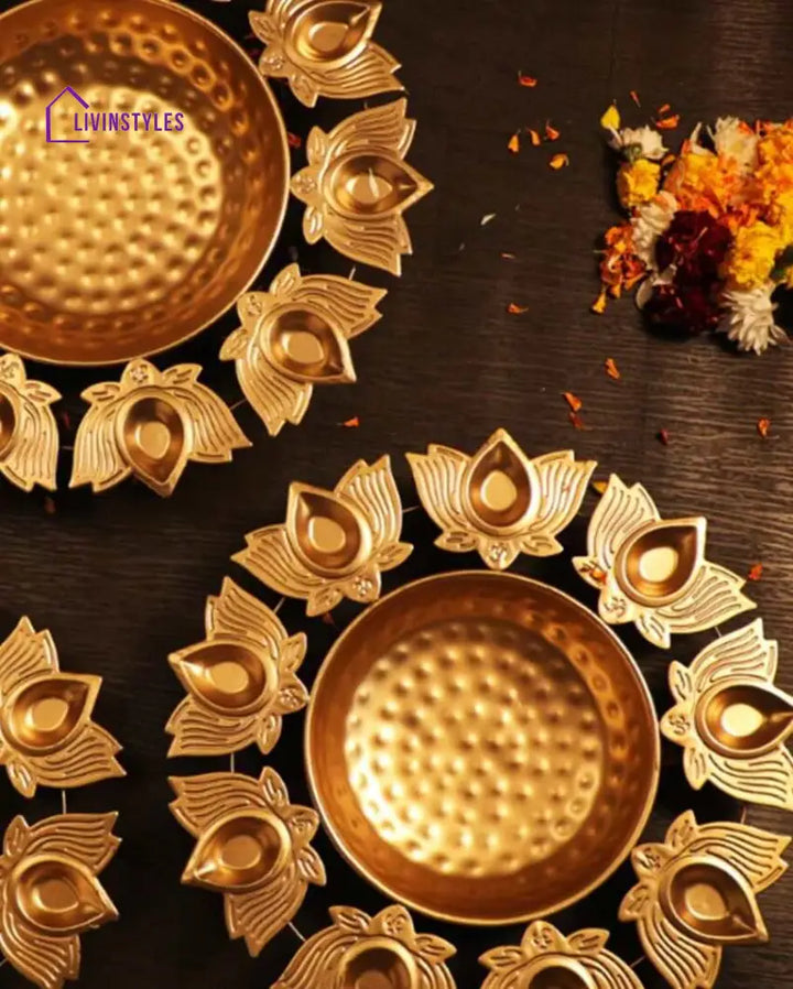 Beautiful Shape Metal Om Gold Diya Urlis | Set Of 3 Urli