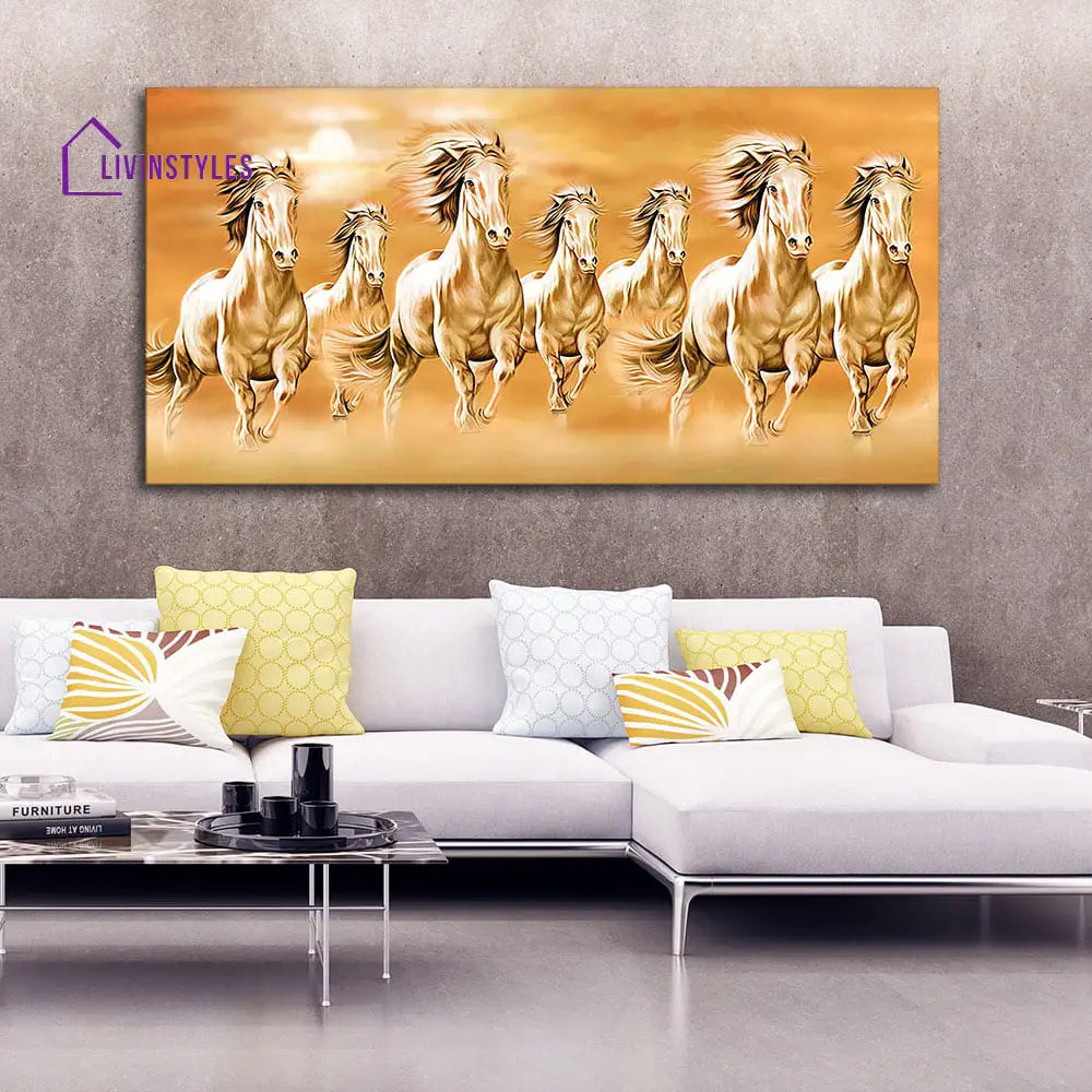 Beautiful Vastu Seven Running Horses Canvas Wall Painting Only Printed (No Frame Included)