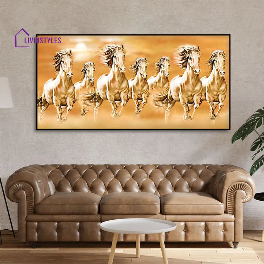 Beautiful Vastu Seven Running Horses Canvas Wall Painting With Floating Frame