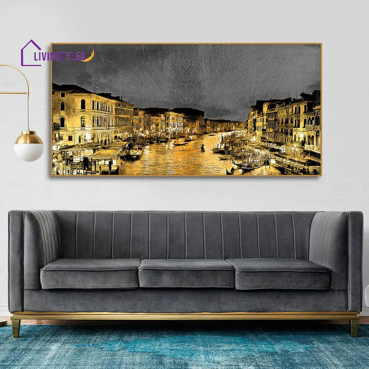 Beautiful Venice City At Night Canvas Wall Painting With Floating Frame