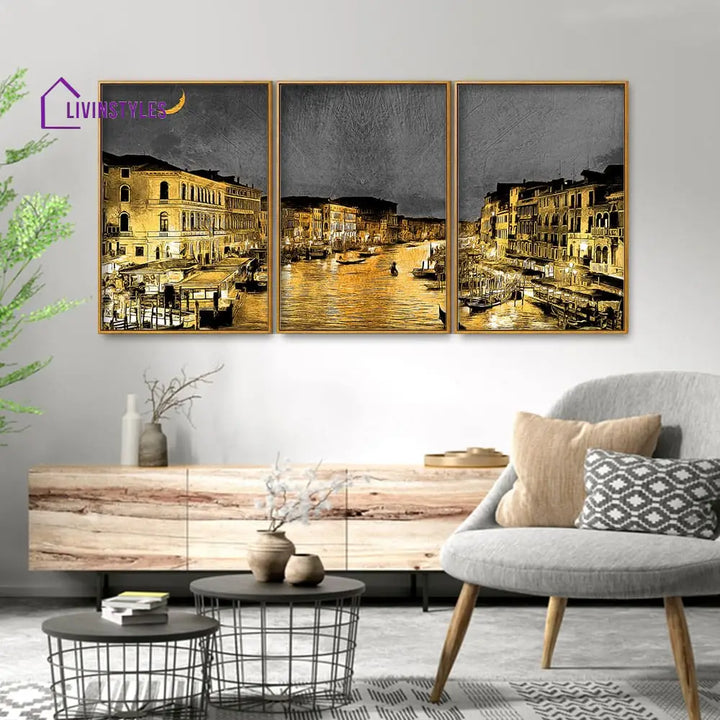 Beautiful Venice City At Night Floating Canvas Wall Painting Set Of Three Frame