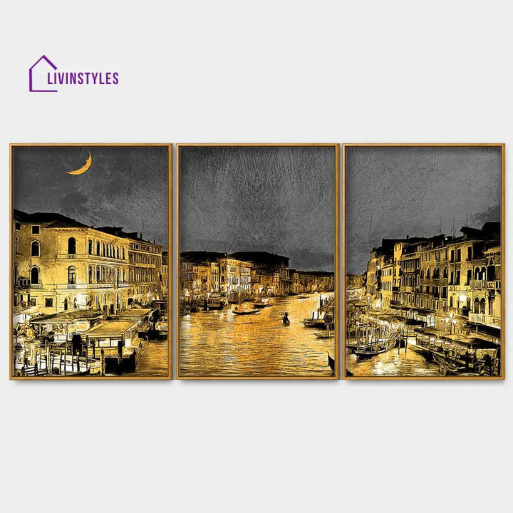 Beautiful Venice City At Night Floating Canvas Wall Painting Set Of Three Frame