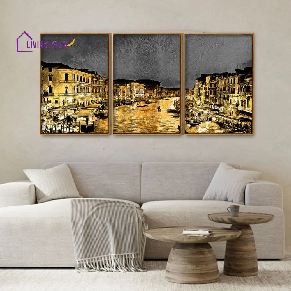 Beautiful Venice City At Night Floating Canvas Wall Painting Set Of Three Frame