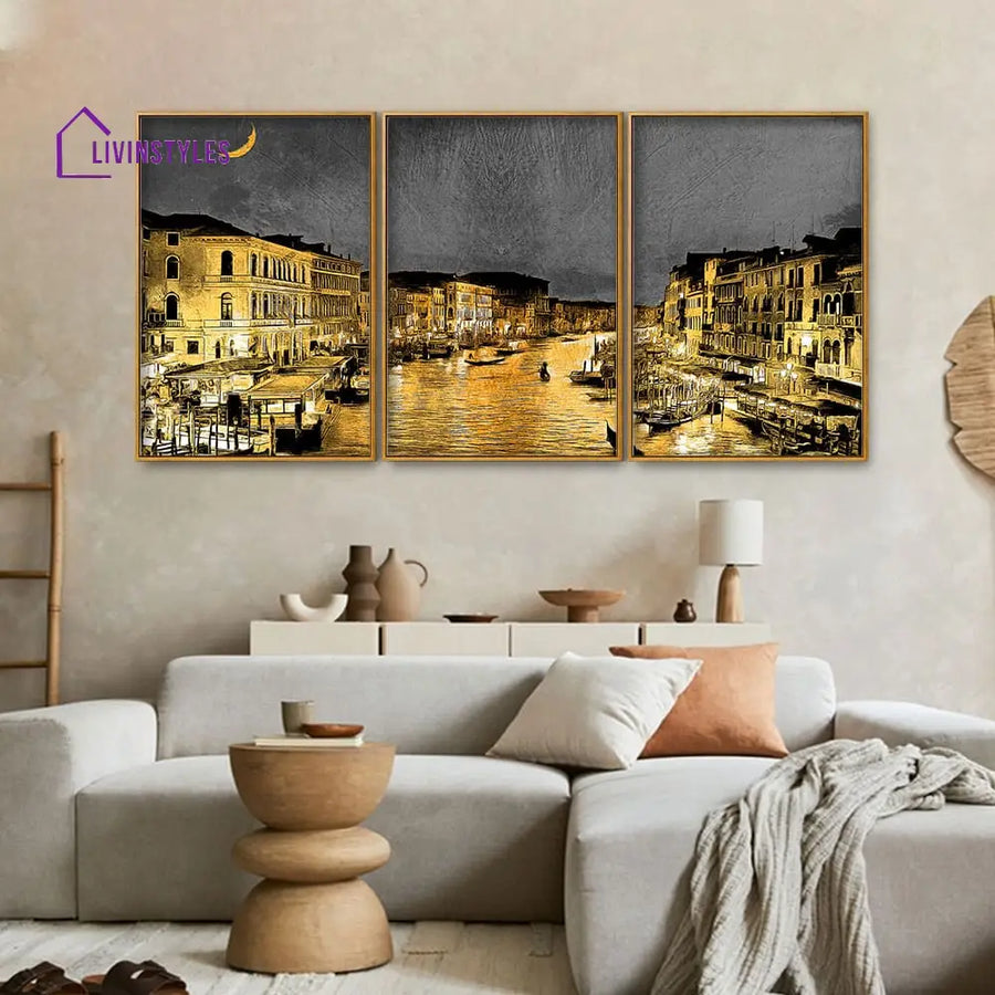 Beautiful Venice City At Night Floating Canvas Wall Painting Set Of Three Frame