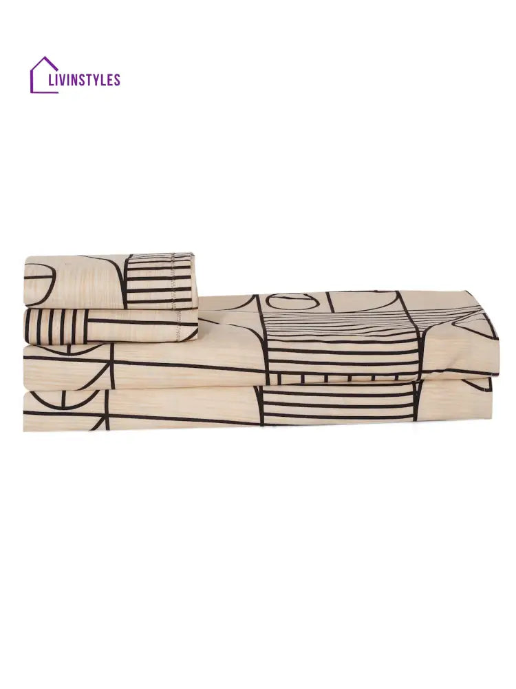 Beige Abstract Print 180 Tc Cotton King Bed Sheet With 2 Pillow Covers