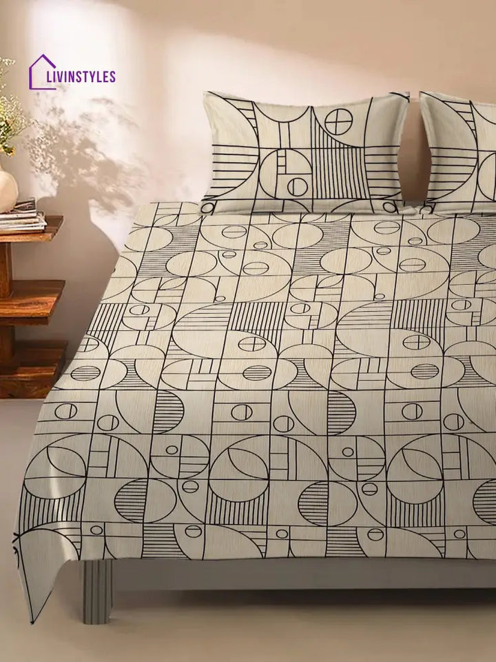 Beige Abstract Print 180 Tc Cotton King Bed Sheet With 2 Pillow Covers