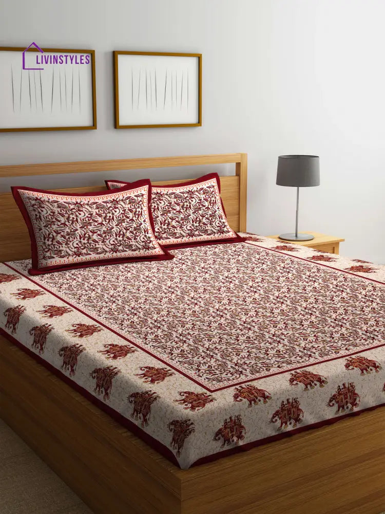 Beige And Peach Color Screen Block Print Jaipuri Double Bedsheet With 2 Pillow Covers