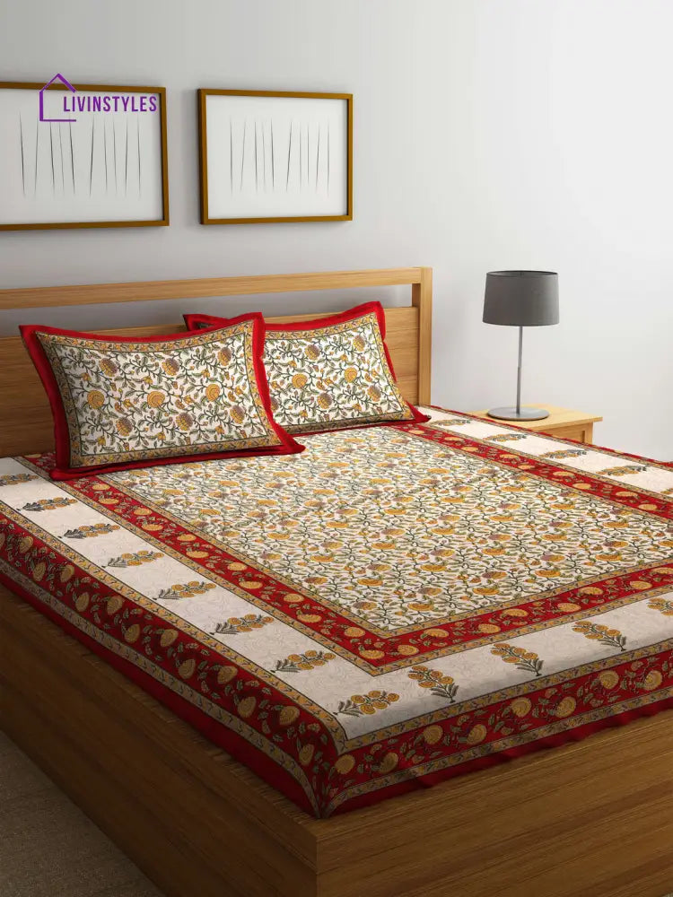 Beige And Peach Red Color Floral Print Jaipuri Double Bedsheet With 2 Pillow Covers