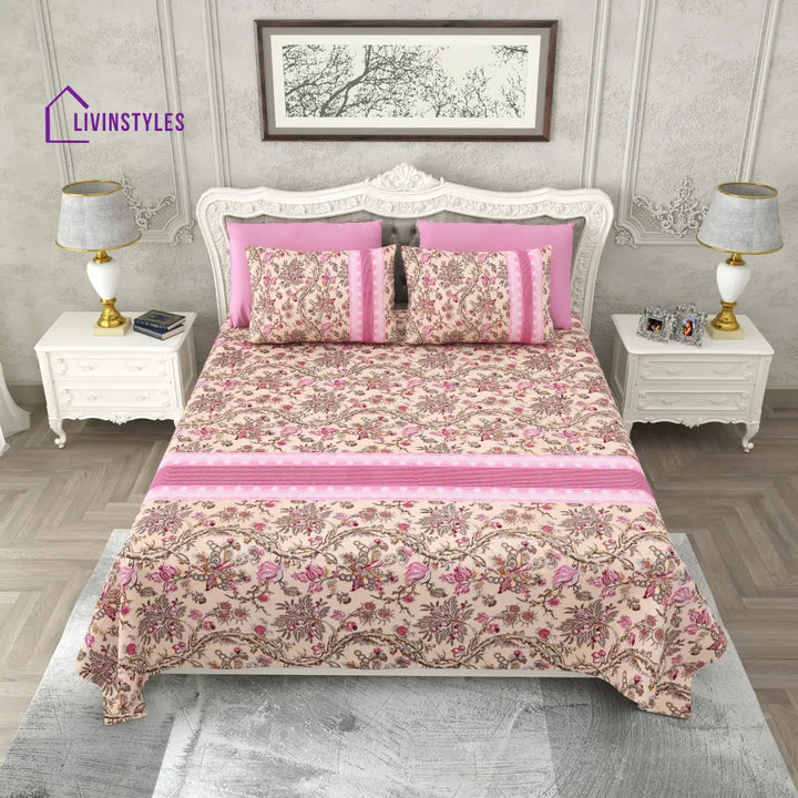 Beige And Pink Floral Print Super King Cotton Bed Sheet With 2 Pillow Covers