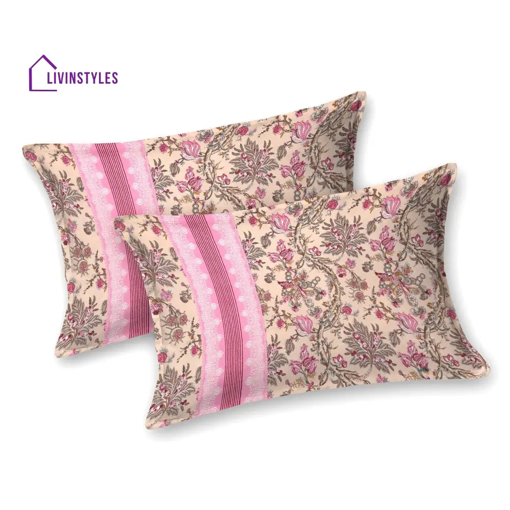 Beige And Pink Floral Print Super King Cotton Bed Sheet With 2 Pillow Covers