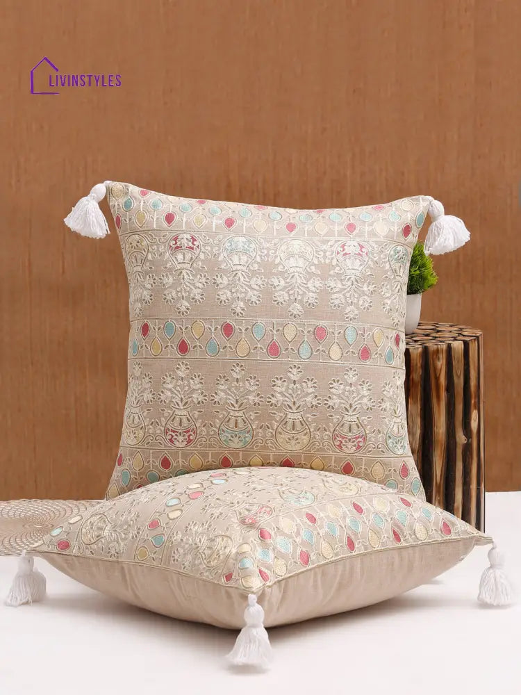 Beige Color Cotton Hand Work Cushion Cover Set Of 2 (16X16 Inch)