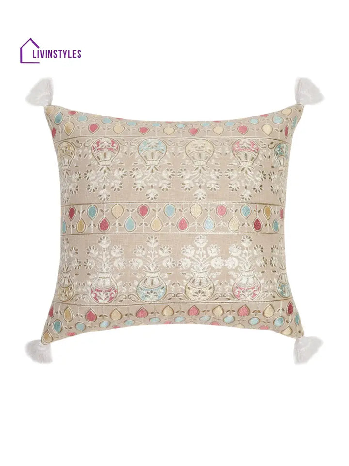 Beige Color Cotton Hand Work Cushion Cover Set Of 2 (16X16 Inch)