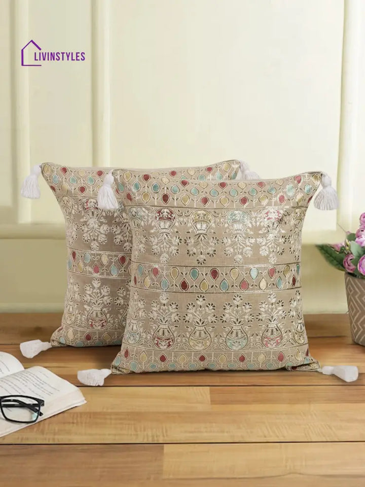 Beige Color Cotton Hand Work Cushion Cover Set Of 2 (16X16 Inch)