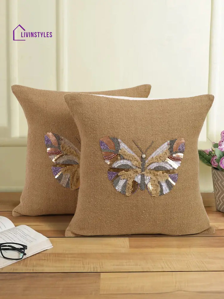 Beige Color Cotton Hand Work Cushion Cover Set Of 2 (18X18 Inch)