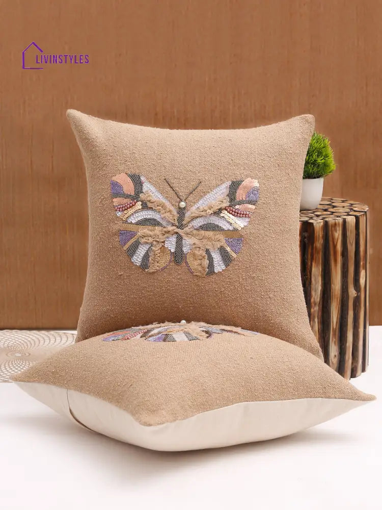 Beige Color Cotton Hand Work Cushion Cover Set Of 2 (18X18 Inch)