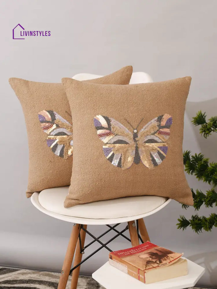 Beige Color Cotton Hand Work Cushion Cover Set Of 2 (18X18 Inch)