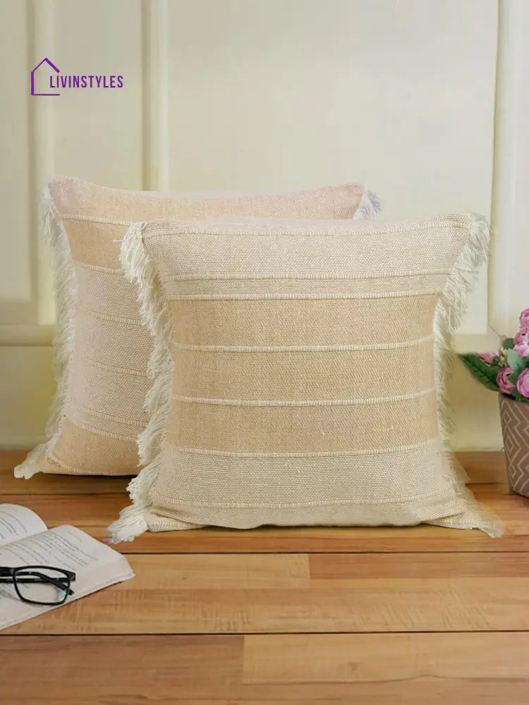 Beige Color Cotton Woven Cushion Cover Set Of 2 (18X18 Inch)