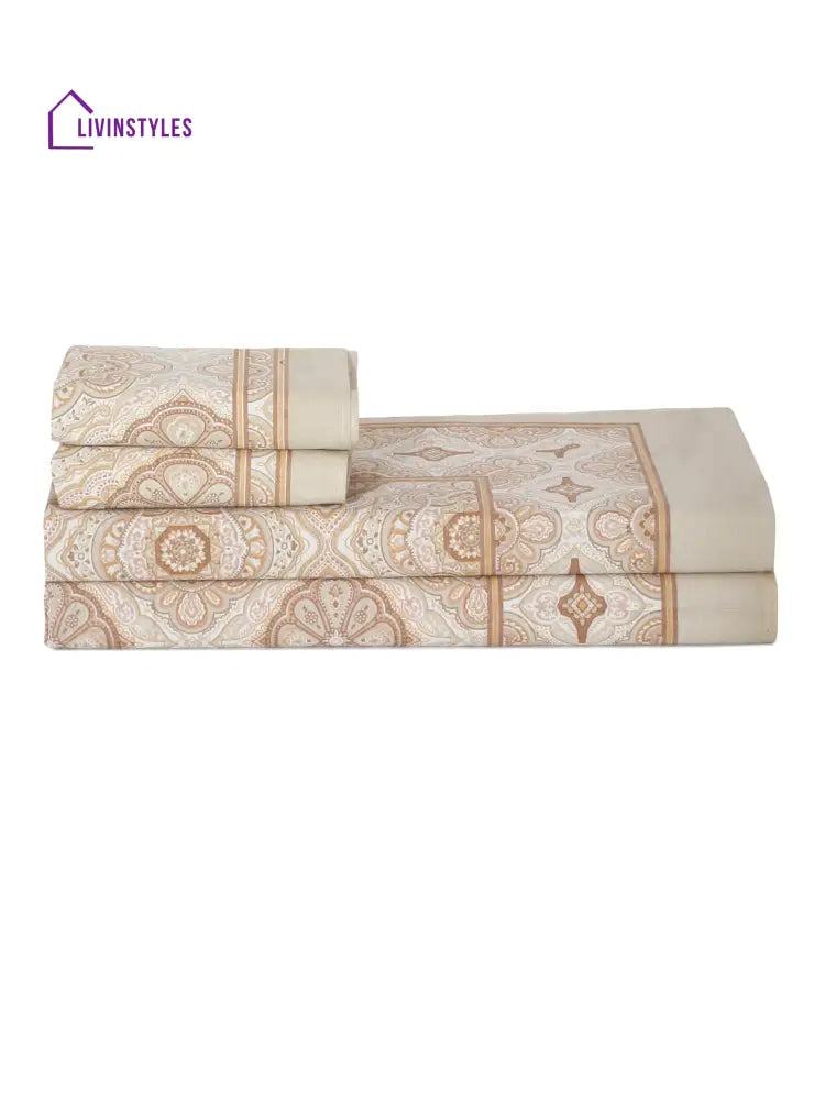 Beige Floral Print Cotton Double Bed Sheet With 2 Pillow Covers