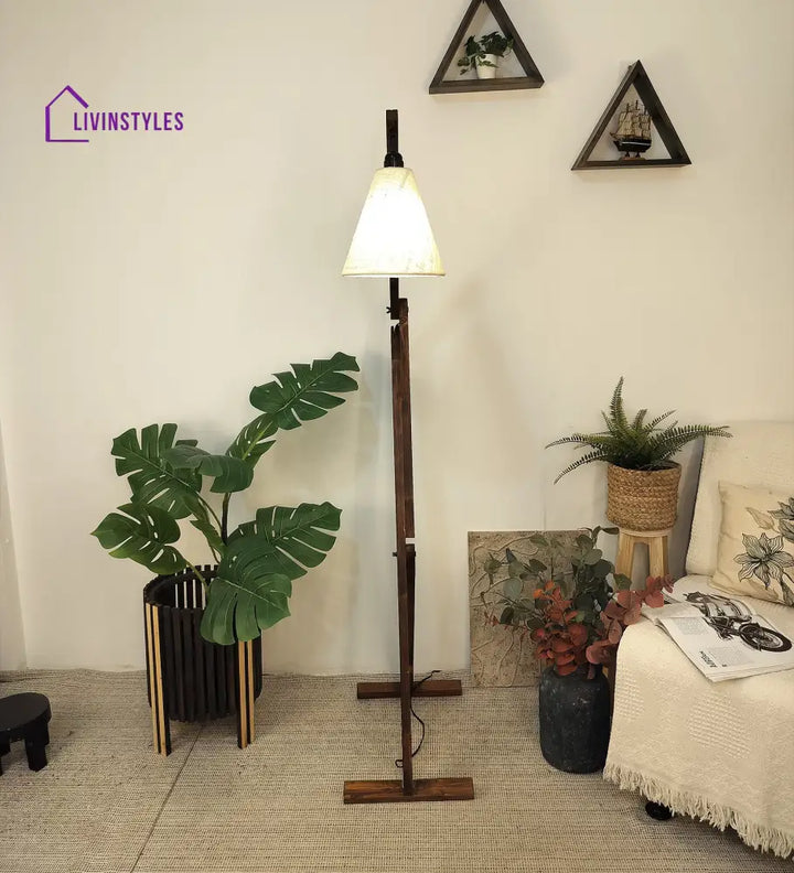 Benji Wooden Floor Lamp With Brown Base And Beige Fabric Lampshade Lamps