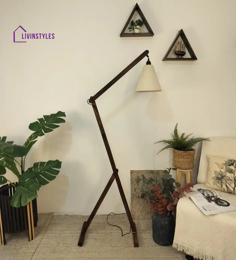 Benji Wooden Floor Lamp With Brown Base And Beige Fabric Lampshade Lamps