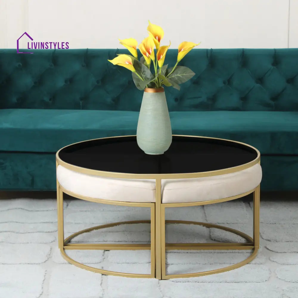 Benton Nesting Black Glass Coffee Table Set With 4 Stools In Gold Finish