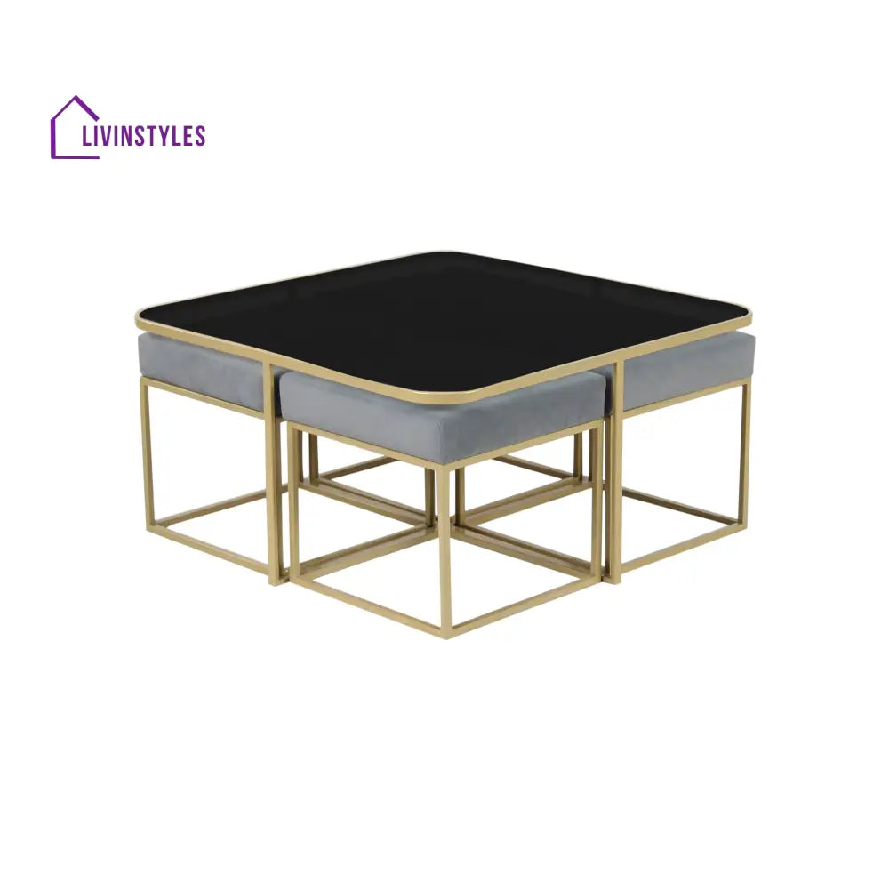 Benton Nesting Black Glass Coffee Table Set With 4 Stools In Gold Finish