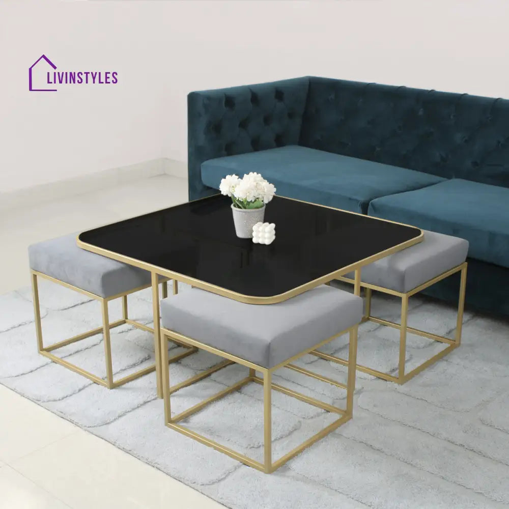 Benton Nesting Black Glass Coffee Table Set With 4 Stools In Gold Finish