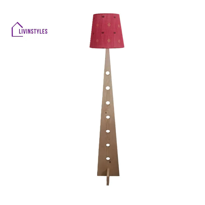 Bevel Wooden Floor Lamp With Beige Base And Red Printed Fabric Lampshade Lamps