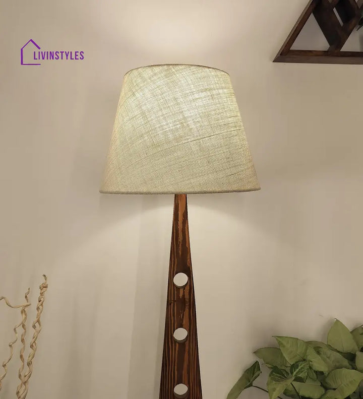 Bevel Wooden Floor Lamp With Brown Base And Beige Fabric Lampshade Lamps